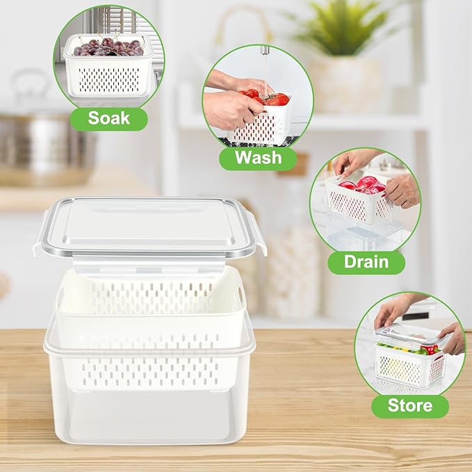 TBMax 12 Pieces Fruit Storage Containers for Fridge Organizers and Storage, 6 Pack Large Produce Saver with Airtight Lid & Colander for Berry Lettuce Salad Vegetable Storage, Refrigerator Organizer