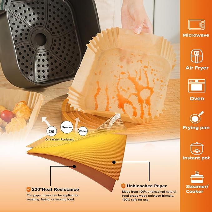 360 Pcs Air Fryer Liners Disposable, 8" Square Air Fryer Paper Liners, Unbleached Parchment Paper for Air Fryer Basket, Non-Stick & Leakproof Baking Liner for Microwave Oven Pan