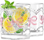 11OZ Ribbed Glass Coffee Cups Set of 6, Vintage French-Style Glasses with Delicate Pink Bow and Dot Relief, Elegant and Durable Glassware for Hot and Cold Beverages, Thick-Bottomed and Dishwasher Safe