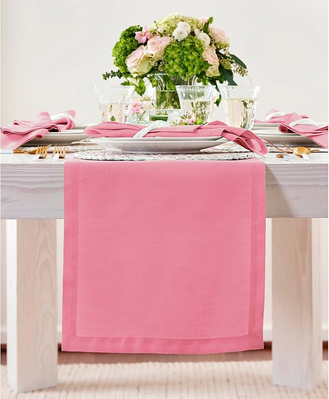 Solino Home Linen Pink Carnation Table Runner 60 Inches - 100% Pure Linen Short Table Runner 14 x 60 Inch Ideal for Dresser and Coffee Tables - Summer, Halloween - Fete
