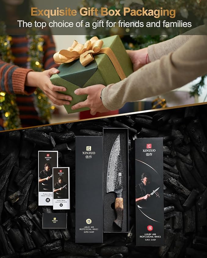 XINZUO 8.6 inch Professional Damascus Chefs Knife,67 Layers Damascus Steel Kitchen Knife,10Cr15CoMoV Steel Core,Very Sharp for Vegetables Meat Cutting for Home Kitchen,Burnt White Oak Wood Handle