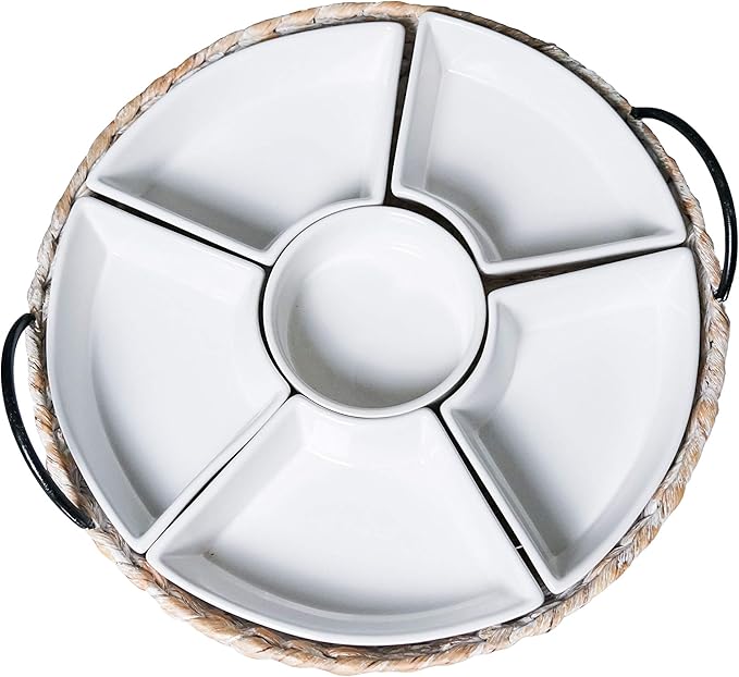 Ceramic Serving Trays, RANDEFURN Serving Platters with 6 Removable Dishes, Serving Tray for Parties, Food Tray 15.5 x 15.5 Inches, Perfect for or Chips,Whitewash