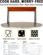 Smash Burger Press, 3.8-Lb Burger Smasher, 9-Inch Bacon Press for Batch Cooking, Stainless Steel, Easy to Clean and Seasoning Free, Heatable for Searing Panini, Steak, Chicken, Fish, Round