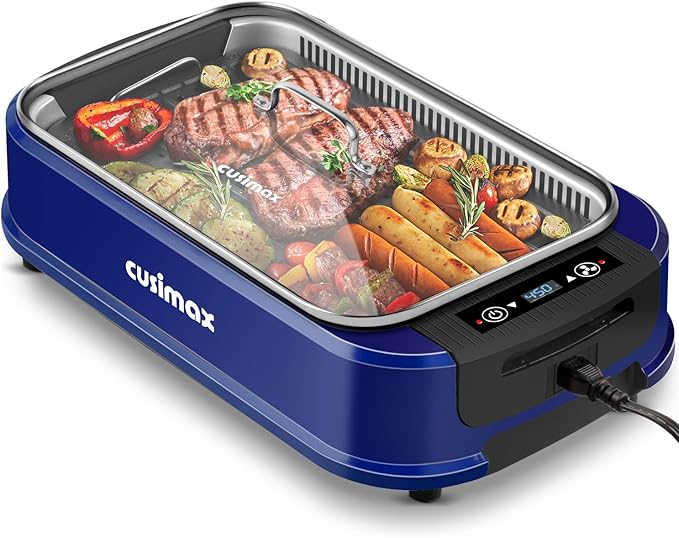 CUSIMAX Smokeless Grill, 1500W Electric Indoor Grill with LED Smart Display & Tempered Glass Lid, Non-stick Removable Plate, Blue