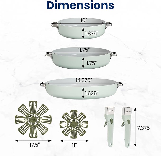 GoodCook Ceramic Cookware Set 7-Piece with Removable Handles, Induction Compatible Fry Pans, Nonstick and Oven Safe, Sage Green