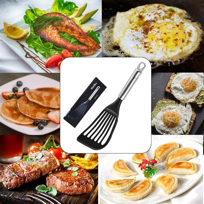 KSENDALO Fish Spatula Egg Flexible Slotted Turner Flipper, Silicone Coated Edged Kitchen Utensil for Nonstock Cookware, Lightweight & Sturdy Cooking Tool for Fish, Eggs, Pancakes, Omelettes