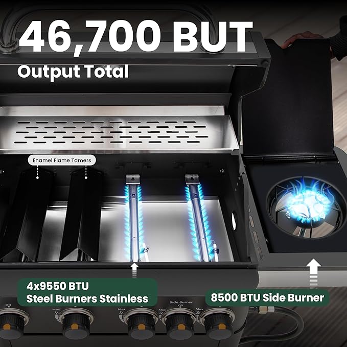 2 in 1 Propane Gas BBQ Grill with Side Burner & Porcelain-Enameled Cast Iron Grate, 4-Burner Flat Top Griddle, 46,700 BTU Outdoor Barbecue Propane Griddle Grill Combo for Camping, Patio, Backyard