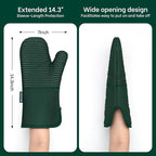 Beneno Kitchen Oven Mitts 2-Pack Heat Resistant to 500°F with Non-Slip Silicone Grip, Extra Long 14.3" Forearm Protection, Soft Quilted Cotton Terry Lining, Ideal for Cooking, Baking, Grilling, Green