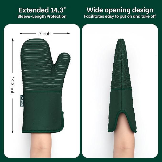 Beneno Kitchen Oven Mitts 2-Pack Heat Resistant to 500°F with Non-Slip Silicone Grip, Extra Long 14.3" Forearm Protection, Soft Quilted Cotton Terry Lining, Ideal for Cooking, Baking, Grilling, Green