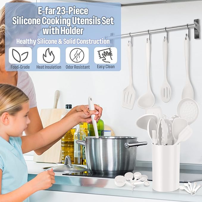 Silicone Kitchen Utensils Set, E-far 23 Pcs White Cooking Utensils Tools with Holder for Nonstick Cookware, Include Spatula/Spoon/Ladle/Tongs/Turner, Heat Resistant & Nontoxic, Dishwasher Safe