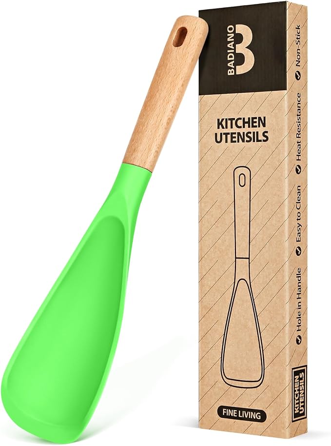 Cooking Spoon for Nonstick Cookwares, Great for Cooking and Serving Sturdy BPA-Free Matte Silicone, Wood Handle Spoon for Mixing, Scoop, and Scrape (Apple Green)