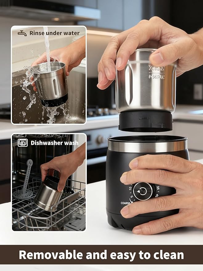 Electric Coffee Grinder with Silent Grinding Blades & Timer Knob to Adjustable Coarse to Fine, Espresso Grinder with Removable Stainless Steel Bowl for Coffee Bean, Herb, Spices, Seeds (Black)