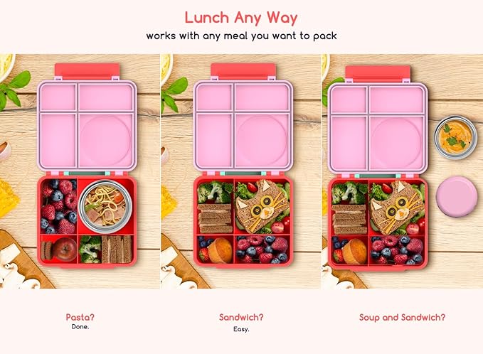 Bento Box for Kids - Leak-Proof Lunch Box with Insulated Thermos Food Jar - 4 Compartments, 1 Removable Divider, 1Spoon, 1 Fork - Dishwasher Safe, BPA-Free (Pink)