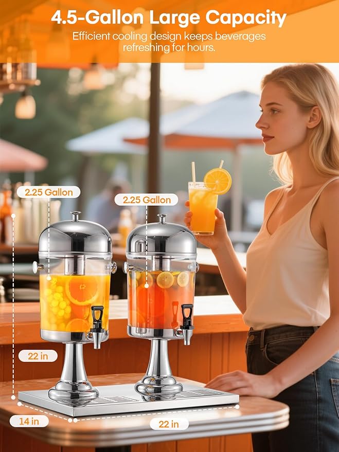 Beverage Dispenser, 4.5 Gallon Drink Dispensers for Parties, Stainless Steel Drink Dispenser with Ice Core, Drip Tray, Beverage Dispenser with Stand for Restaurants, Homes, Bar and Hotels