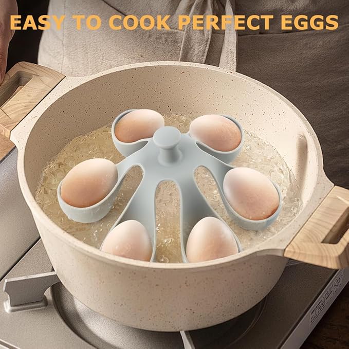 Silicone Egg Boiler Rack for 6 Eggs, Anti-Scald Handle & Drainage Holes, Fits Families, Dorms & Small Kitchens, Easy Storage & Quick Clean-Up
