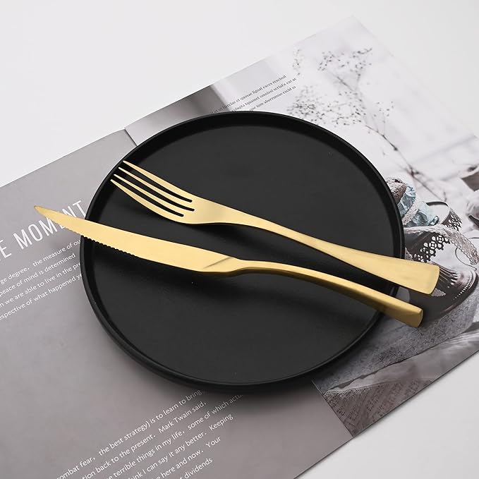Luxury 18/10 Stainless Steel Matte Champagne gold Flatware Set - Silverware Cutlery Utensil Set Steak Knife Spoon and Fork Knife Serving Set,Service for 1 (6-Piece)