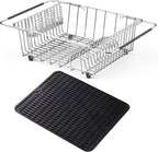 Stainless Steel Dish Drying Rack(15.2"L X 13"W X 5.8"H), Expandable Fruit & Vegetable Drain Rack over Sink, Dish Drainer Rack in Sink, with Stainless Steel Utensil Holder & Silicone Mat(16")