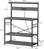 SUPERJARE Bakers Rack with Power Outlets, Microwave Stand, 39.4 X 14.3 Inch Larger Desktop, Kitchen Storage Rack with Adjustable Middle Shelf, 6 S-Shaped Hooks, Coffee Bar Stand, Grey