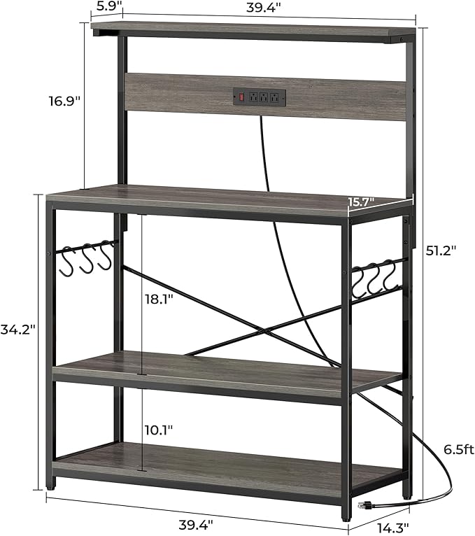 SUPERJARE Bakers Rack with Power Outlets, Microwave Stand, 39.4 X 14.3 Inch Larger Desktop, Kitchen Storage Rack with Adjustable Middle Shelf, 6 S-Shaped Hooks, Coffee Bar Stand, Grey