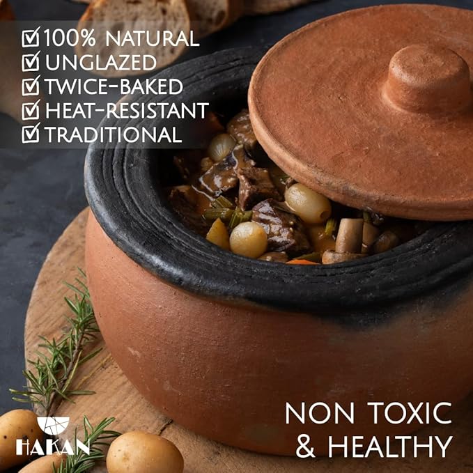Hakan Efes Clay Cooking Pots with Lids, SMALL 1.9 Quarts Clay Pots for Cooking, UNGLAZED Twice Baked Traditional Casserole Rice Pots for Stove Top, Indian Korean Terracotta Roaster, 60.9 oz (1.8 L)