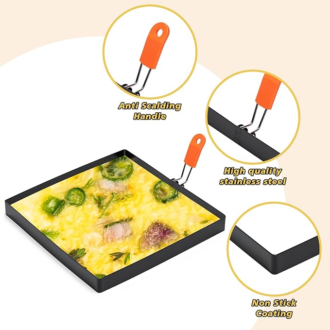 Patelai 4 Pack Square Egg Ring 6 Inch Large Stainless Steel Frying Egg Molds Griddle Pancake Shapers with Orange Silicone Handle Oil Brush for Household Breakfast Omelette Sandwich Cooking Tool
