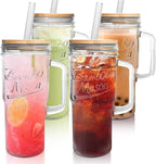ANOTION Glass Cups with Lids and Straws - 24 oz Tumbler with Handle Halloween Coffee Cups Glass Straws Mason Jar Cups Drinking Set Kitchen Essentials Coffee Bar House Warming Gifts New Home