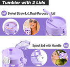 MUKOKO 32 oz Glass Tumbler with Straw,Glass Water Bottles with Time Marker,Iced Coffee Cup with 2 Lids-Handle Spout Lid&Straw Lid,Silicone Sleeve,Leakproof,1 Pack-Purple