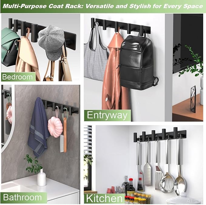 Wall Mounted Coat Rack-5 Hooks, Heavy Duty Stainless Steel Hook Rail for Towel Coat Hat Purse Bag Jacket, Towel Hooks for Entryway Bathroom Kitchen (Black 5 Hooks - 1 Pack)