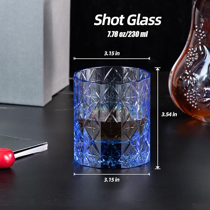 KAMMAK Crystal Whiskey Glass Set of 2, 7.78 oz (230 ml) Handmade Old Fashioned Tumbler, Thick Base Colored Glass with Delicate Rim & Seamless Design for Scotch, Bourbon, Cocktails, Blue 12-Facet