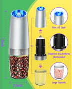 Rongyuxuan Gravity Salt and Pepper Mill Set,Electric Automatic Pepper Grinder Mill Shaker with Battery Powered,Stainless Steel,Blue LED Light,Adjustable Coarseness,One Hand Use,Light Grey