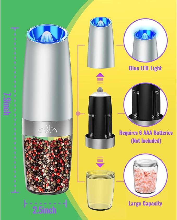 Rongyuxuan Gravity Salt and Pepper Mill Set,Electric Automatic Pepper Grinder Mill Shaker with Battery Powered,Stainless Steel,Blue LED Light,Adjustable Coarseness,One Hand Use,Light Grey