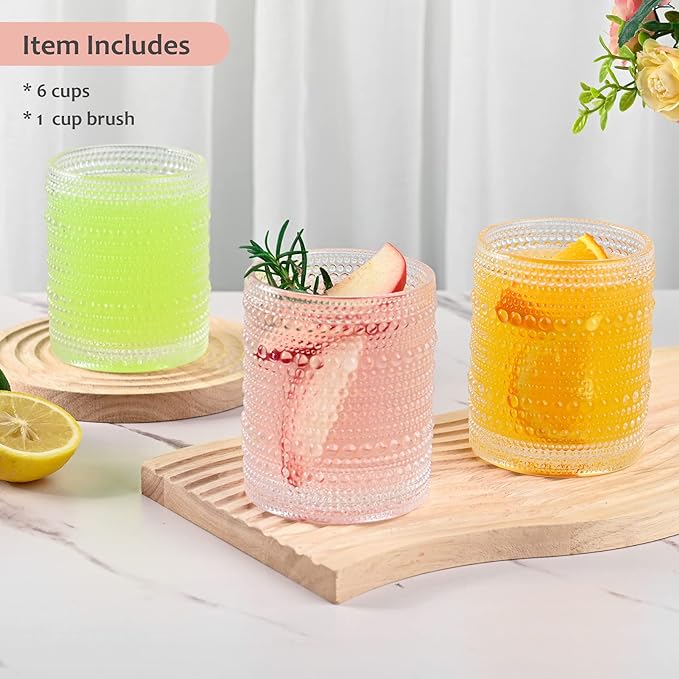 Vintage Glassware Drinking Glasses Set of 6,12 oz Hobnail Glass Cups,Embossed Clear Water Tumbler,for Beer,Cocktail,Whiskey,Juice and Various Mixed Drinks- 1 Cleaning Brush