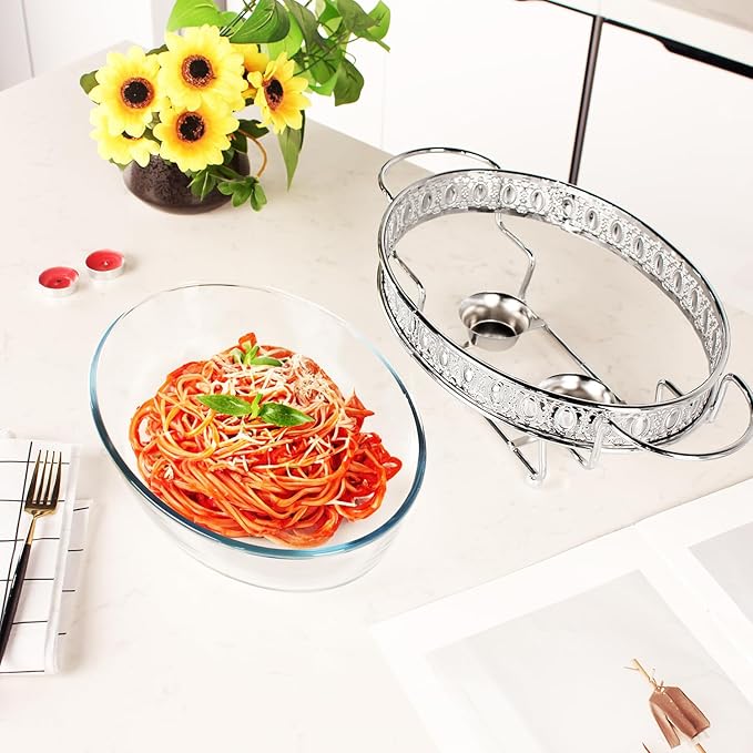 Casserole Dish 11.5" x 8" Glass Baking Dish with Stainless steel Lid and rack, Silver oval 2 Qt Baking Pan For Casserole & Lasagna, Microwave Dishwasher Freezer Oven Safe