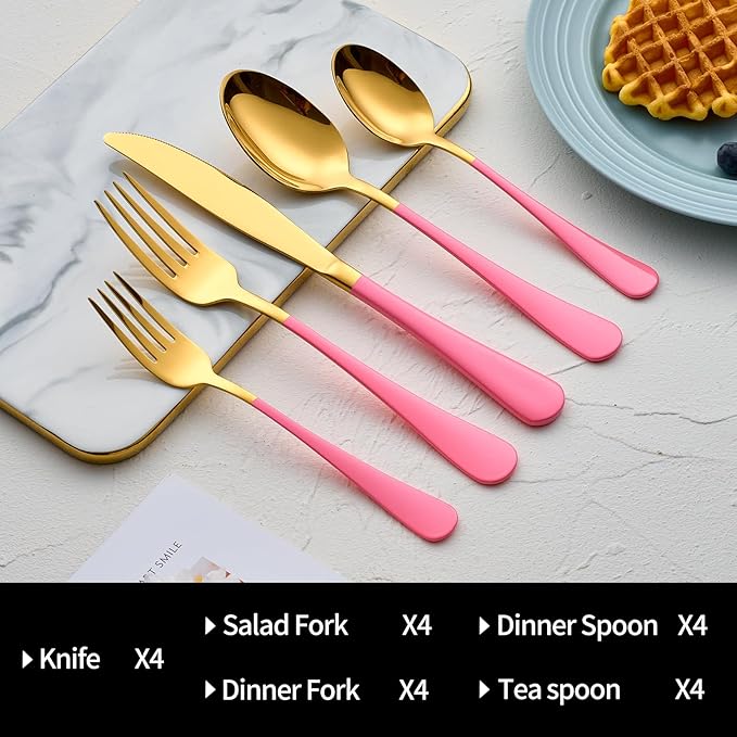 20-Pieces Gold and Pink Silverware Sets for 4,Pink Handle Stainless Steel Cutlery Set, Include Forks Spoons and Knives Set, Dishwasher Safe Utensil Sets for Home Restaurant