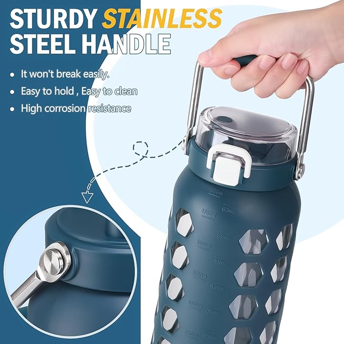 MUKOKO 64oz Glass Water Bottles with Straw and Lid,Half Gallon Water Bottle with Time Marker,Large Glass Water Jug with Silicone Sleeve and Stainless Steel Handle-Blue