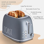 Rae Dunn Retro Rounded Bread Toaster, 2 Slice Stainless Steel Toaster with Removable Crumb Tray, Wide Slot with 6 Browning Levels, Bagel, Defrost and Cancel Options, Grey