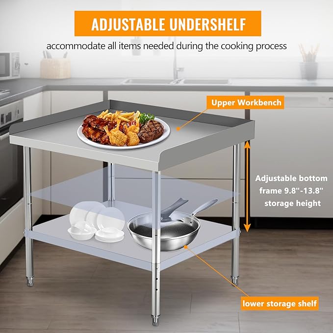 36x24x30 Inch Stainless Steel Equipment Grill Stand Table 400 Lbs Capacity NSF Certified with Adjustable Legs, 2" Edge Baffle, for Hotel, Home, Commercial Restaurant Kitchen