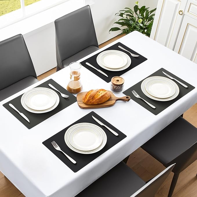 MOSAYT Vinyl Placemats Set of 4, Heat Resistant Place Mats 100% Waterproof Washable & Wipeable Faux Leather Reversible Table Mats for Kitchen Dining Party Indoor Outdoor, 12" x 17", Grey/Black