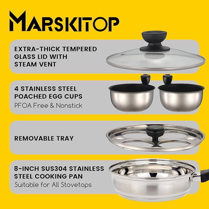 MARSKITOP Egg Poacher Pan Nonstick 4 Eggs, Poached Egg Pan Stainless Steel Poached Egg Cooker, Egg Poaching Pan PFOA Free, Poached Egg Maker with Nonstick Poached Egg Cups