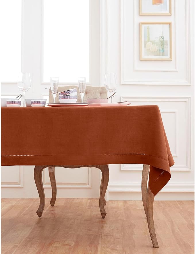 Solino Home Linen Cinnamon Tablecloth 60 x 108 Inch - Classic Hemstitch, 100% Pure Linen Rectangular Tablecloth - Machine Washable Table Cloth for Fall, Autumn, Halloween