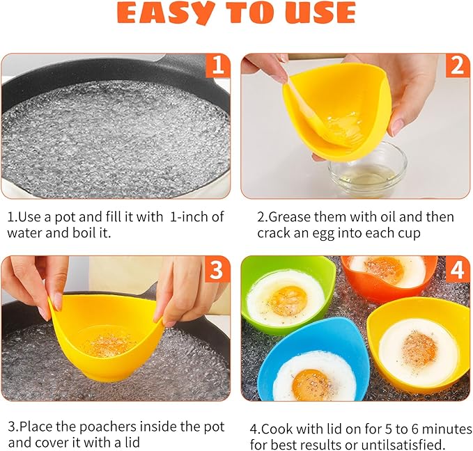Poached Egg Cooker - Egg Poaching Cups, Non-Stick Silicone, Microwave & Stovetop, 4 Pack, BPA Free