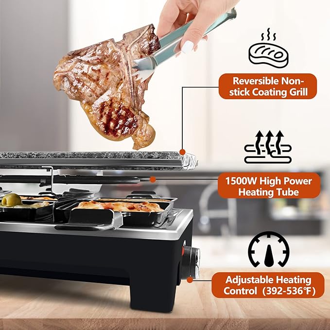 Raclette Table Grill, CUSIMAX Indoor Grill Electric Grill, Portable Korean BBQ Grill with 2 in 1 Reversible Non-stick Plate & Natural Grill Stone, 8 Raclette Pans 8 Wooden Spatulas for Family Fun