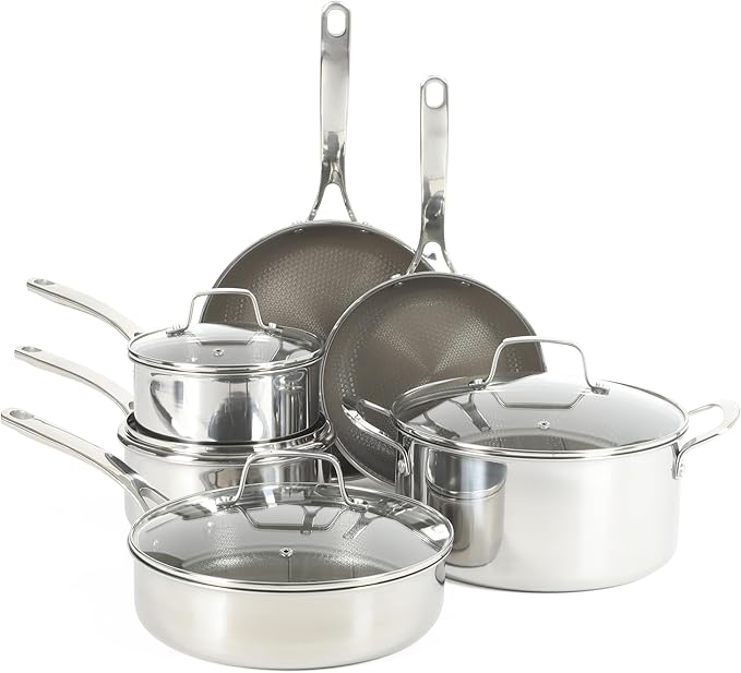 Martha Stewart Badgley Hybrid Nonstick 10 Piece TriPly Stainless Steel Pots and Pans Non-Toxic Kitchen Cookware Set - Laser Etched Non-Toxic Nonstick W/Stay Cool Handle Dishwasher and Induction Safe