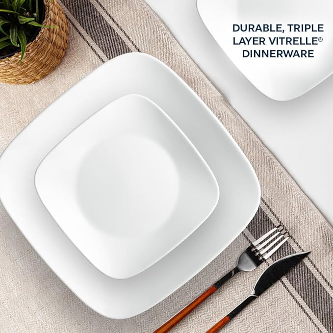 Corelle Vitrelle 18-Piece Service for 6 Square Dinnerware Set Triple Layer Glass and Chip Resistant, Lightweight Square Plates and Bowls Set, Pure White