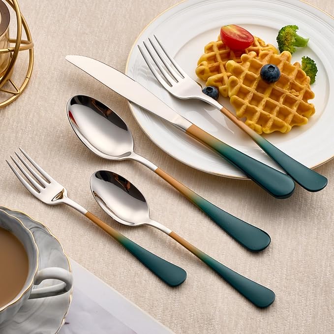 20-Piece Green Orange Silverware Set 18/0 Stainless Steel Silverware Set Green Orange Handle Cutlery Set Service for 4 Dinner Knives Forks Spoons Set Flatware Set Finish Dishwasher Safe