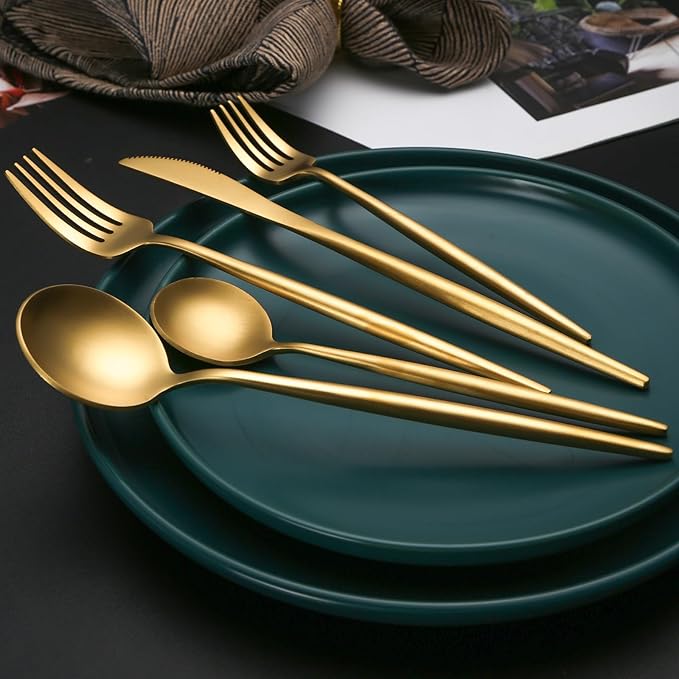 40 Pieces Matte Gold Silverware Set, Stainless Steel Gold Flatware Set for 8, Satin Finish Spoons and Forks Silverware Set, Gold Cutlery Utensils Set, Dishwasher Safe