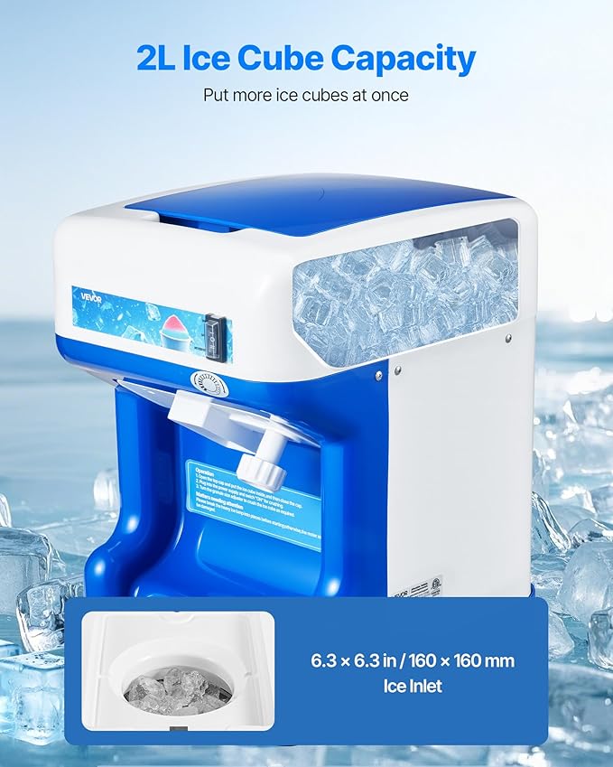 VEVOR Commercial Ice Shaver Crusher,286lbs Per Hour Electric Snow Cone Maker with 2L Ice Cube Box, 250W 1500RPM Tabletop Shaved Ice Machine for Parties Events Snack Bar, Home and Commercial Use (Blue)