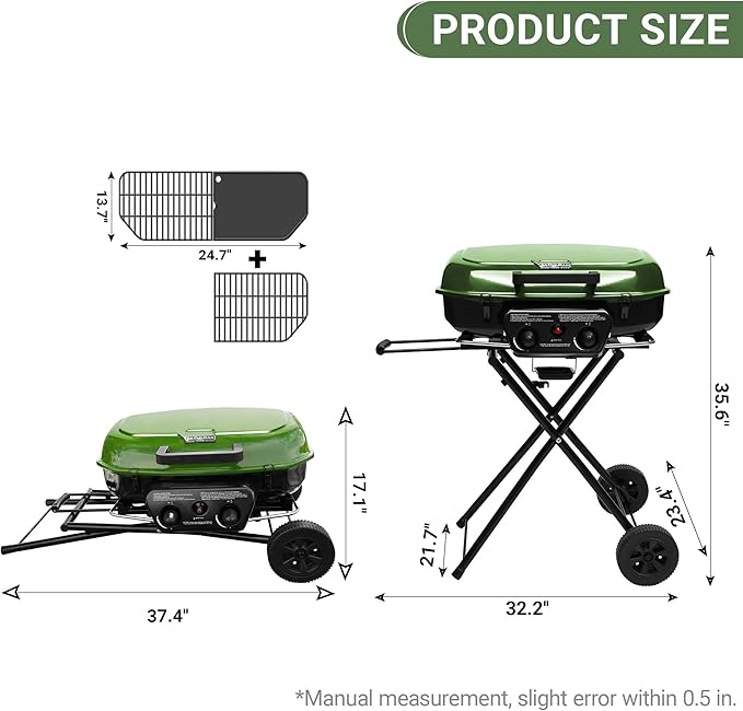 Brand-Man Portable Gas Grill, Propane Standup Grill with Folding Cart & Push-Button Ignition, Ideal for Camping, Tailgating, BBQ, Backyard, Patio & More