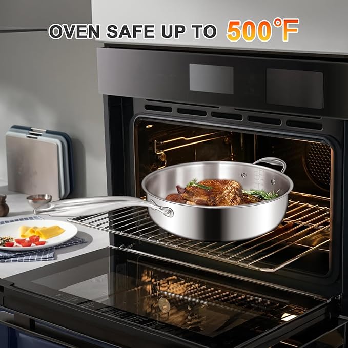 EWFEN 12 Inch Tri-Ply Stainless Steel Frying Pan, 5-Quart Deep Saute Pan with lids, PFOA&PTFE Free Skillet, Induction Cooking Pan, Dishwasher&Oven Safe,Works on All Cooktops