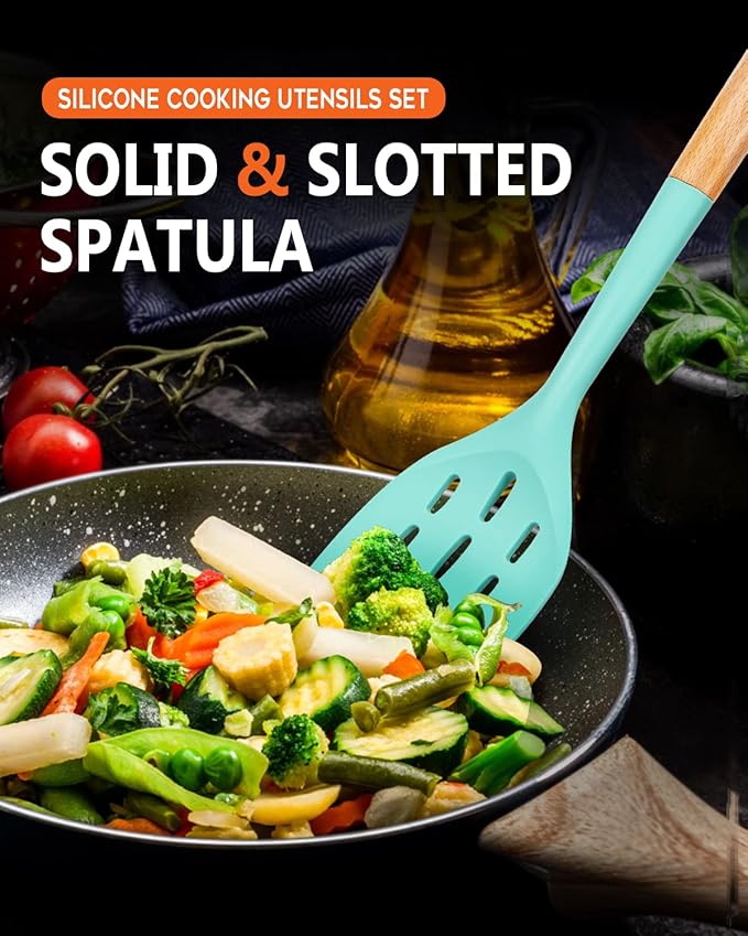 Pack of 2 Silicone Spatula, Non Stick Cooking Utensil Set Stainless Steel Handle Kitchen Turner for Baking Mixing Grilling Serving Food Heat Resistant Non Scratch Hooks Included (Green)